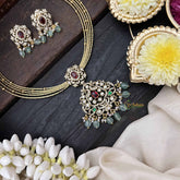 Vriksham Dual Peacock Gold-Plated With AD Stone Pendant Hasli Choker-Red-Green Bead-G20529